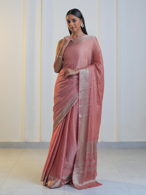 Pink Satin Crepe Saree