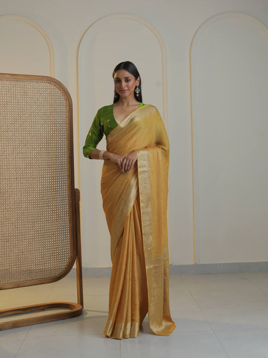 SABR - MUSTARD YELLOW SATIN CREPE  SAREE
