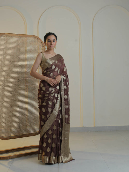 CHINMAYA- DARK BROWN CHIFFON SAREE