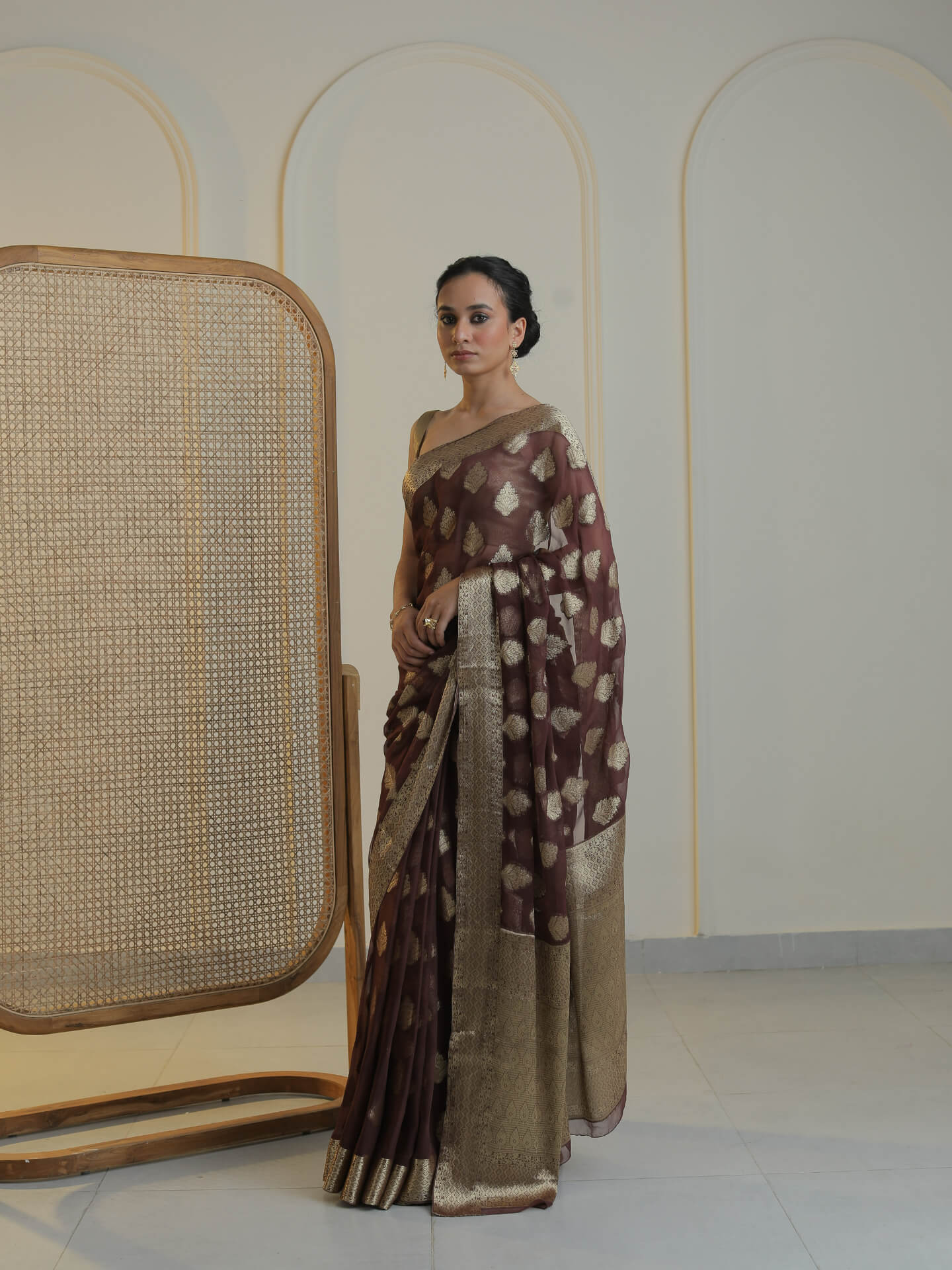 CHINMAYA- DARK BROWN CHIFFON SAREE
