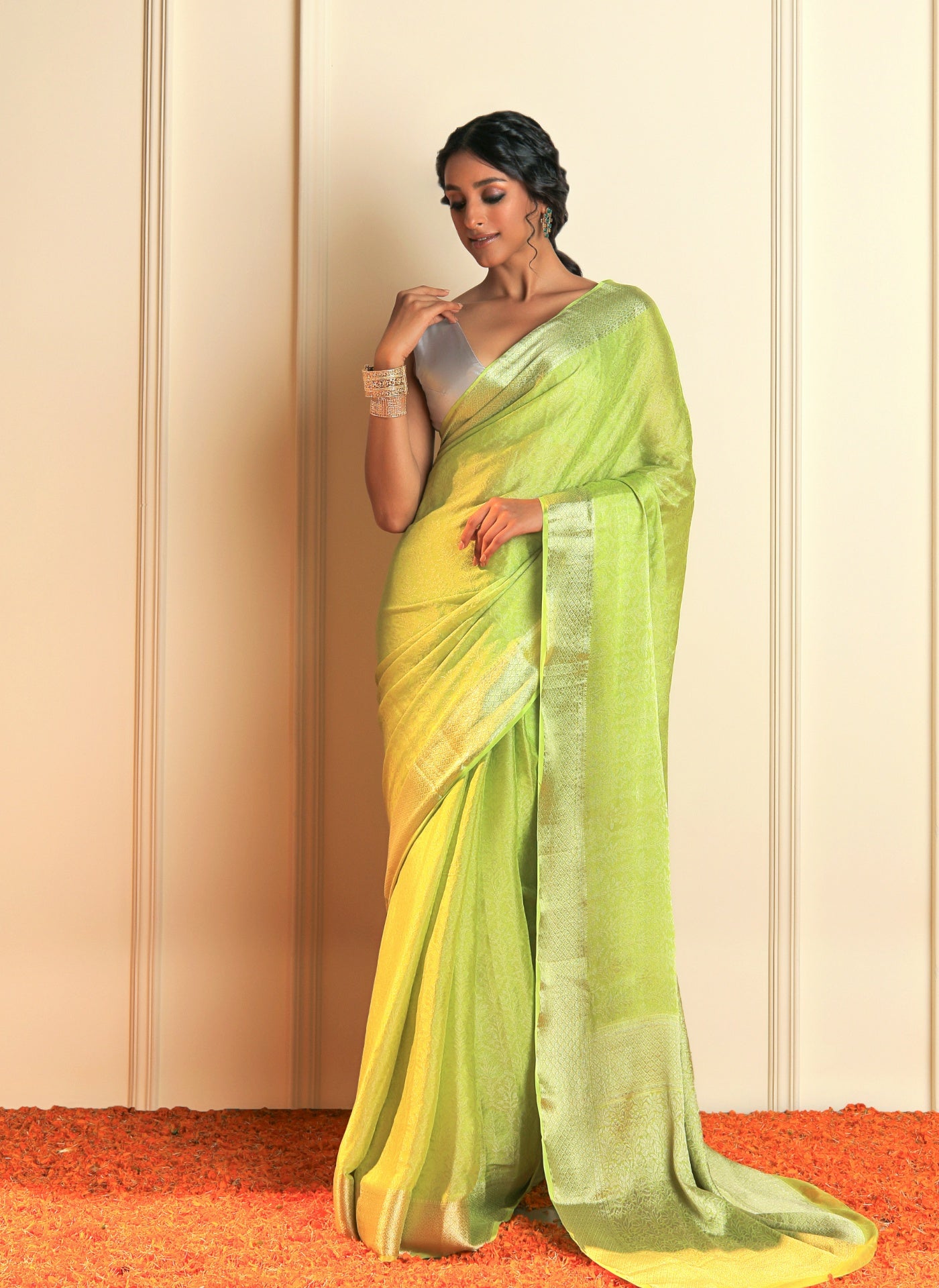 RIMJHIM - LIGHT GREEN SATIN CREPE SAREE