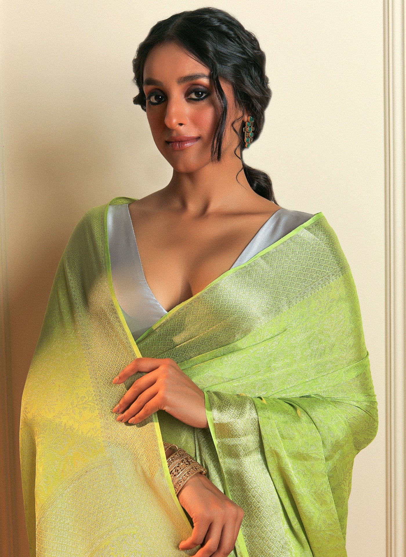 RIMJHIM - LIGHT GREEN SATIN CREPE SAREE