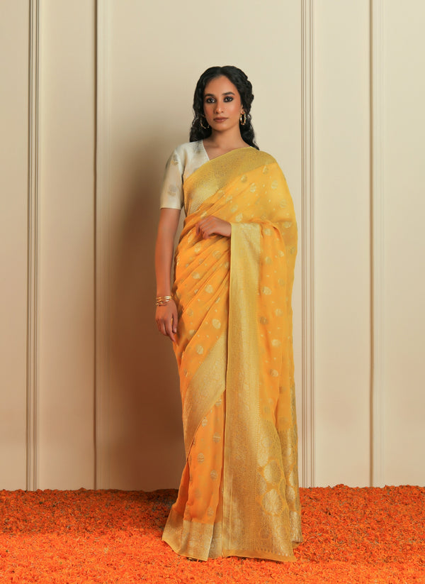 yellow georgette saree
