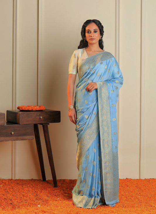 RANGREZ - BLUE SATIN CREPE SAREE