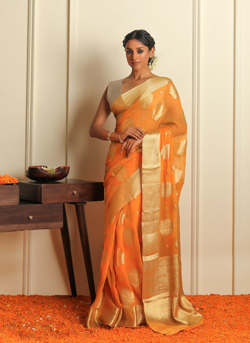 Orange Pure Chiffon Saree