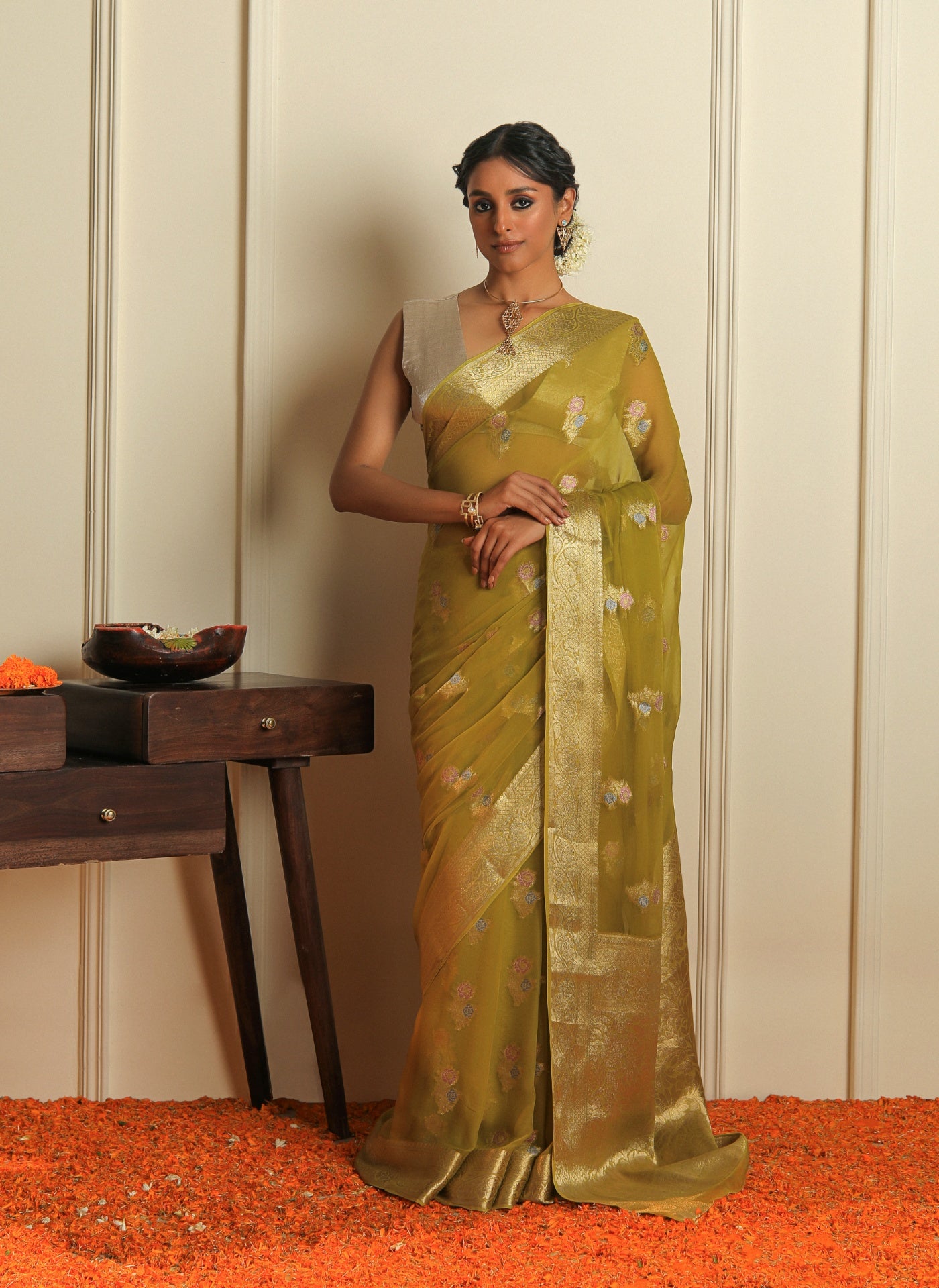 GULZAR - OLIVE GREEN CHIFFON SAREE