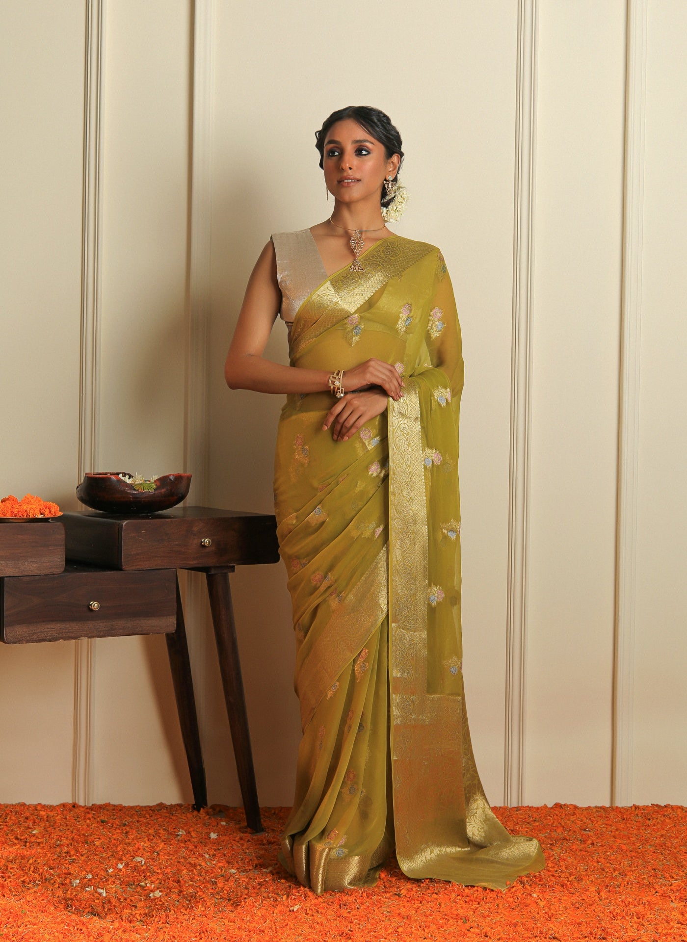 GULZAR - OLIVE GREEN CHIFFON SAREE