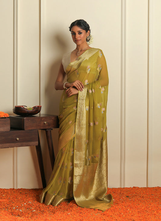 GULZAR - OLIVE GREEN CHIFFON SAREE