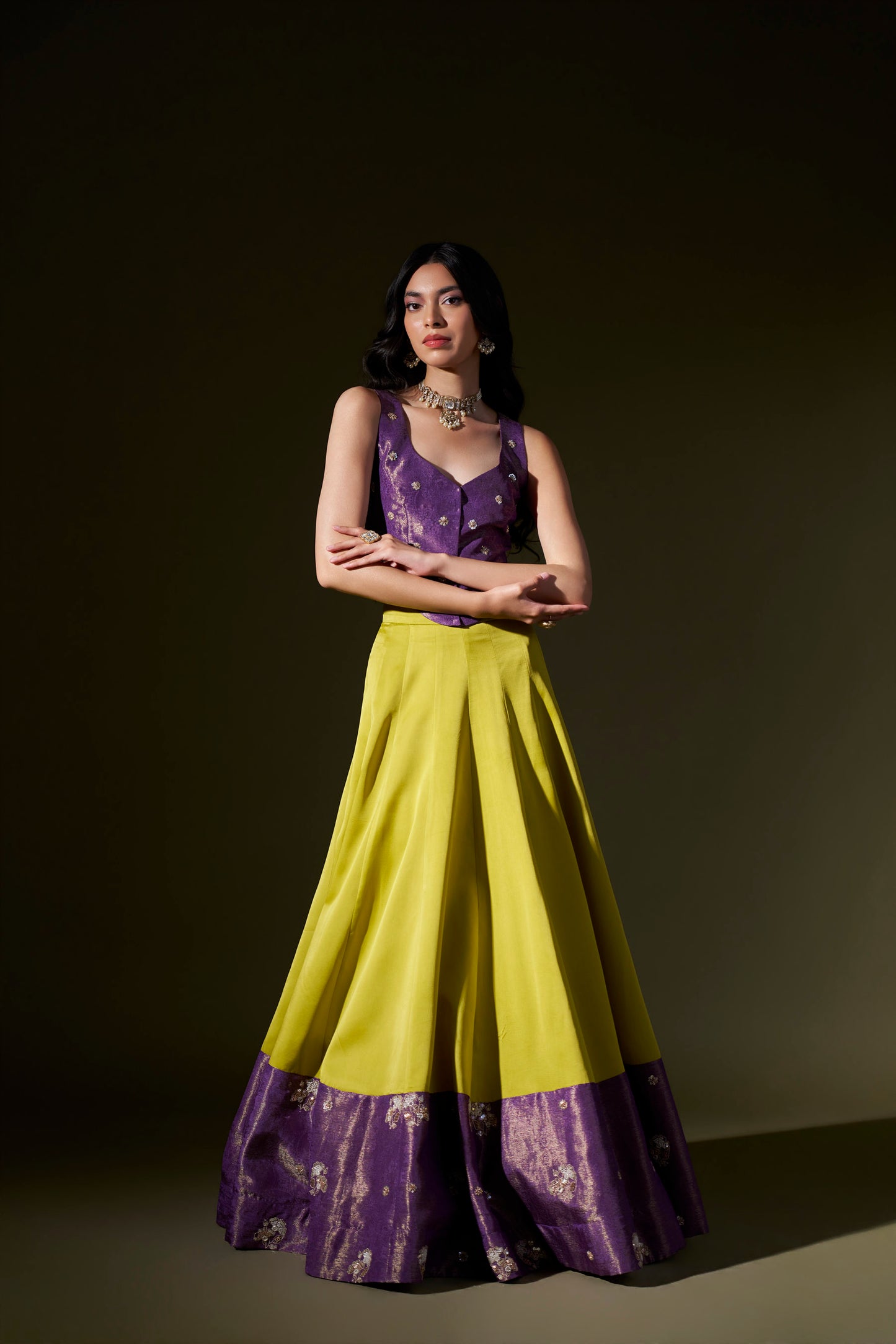 Purple And Lime Green Lehenga With Crop Top