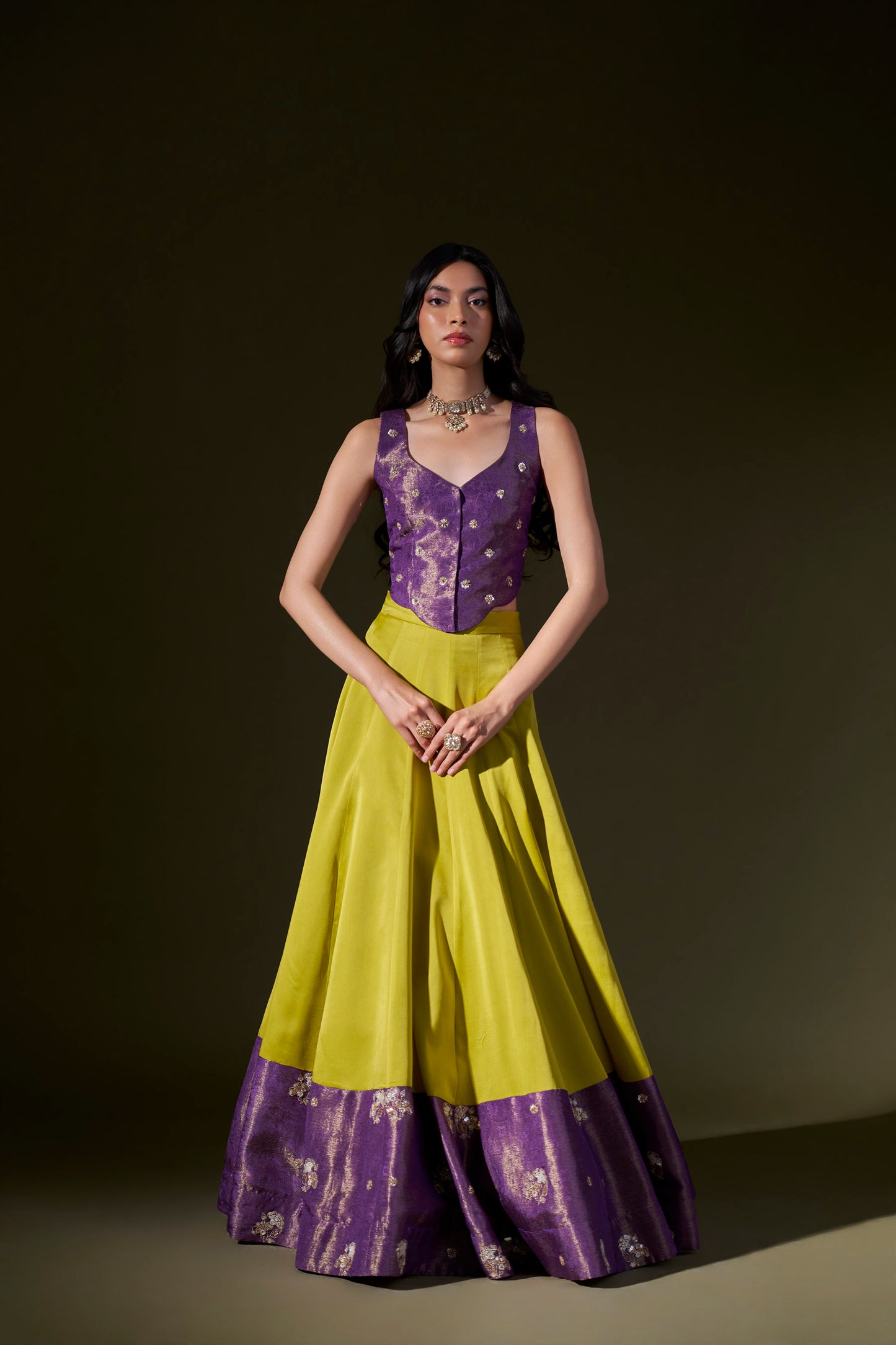 Purple And Lime Green Lehenga With Crop Top
