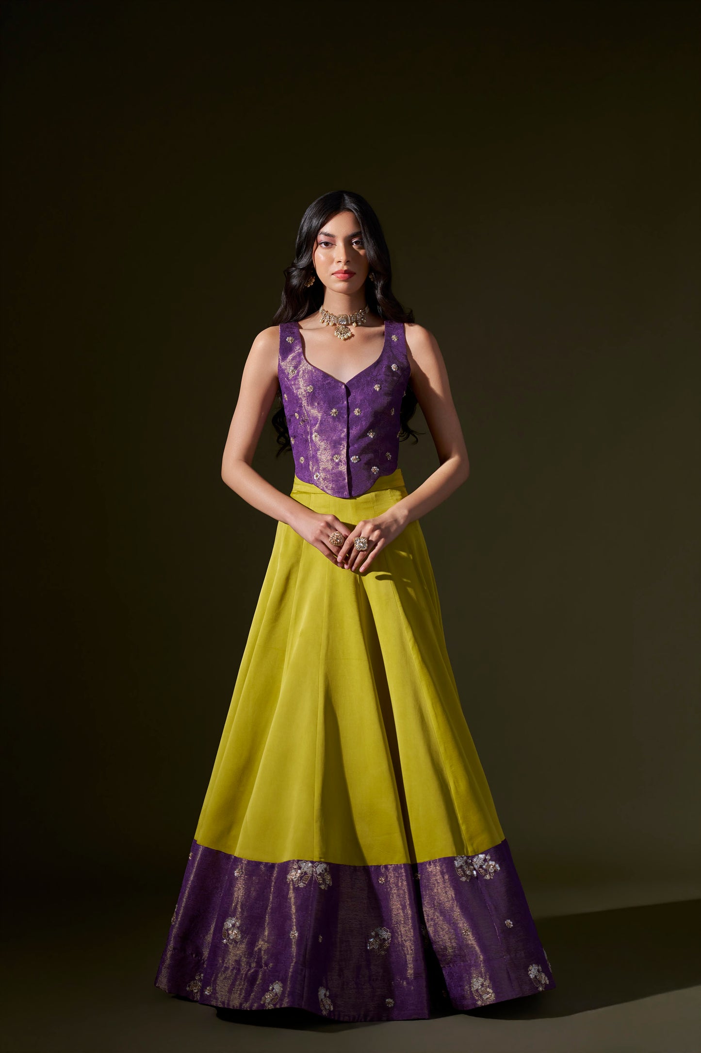 Purple And Lime Green Lehenga With Crop Top