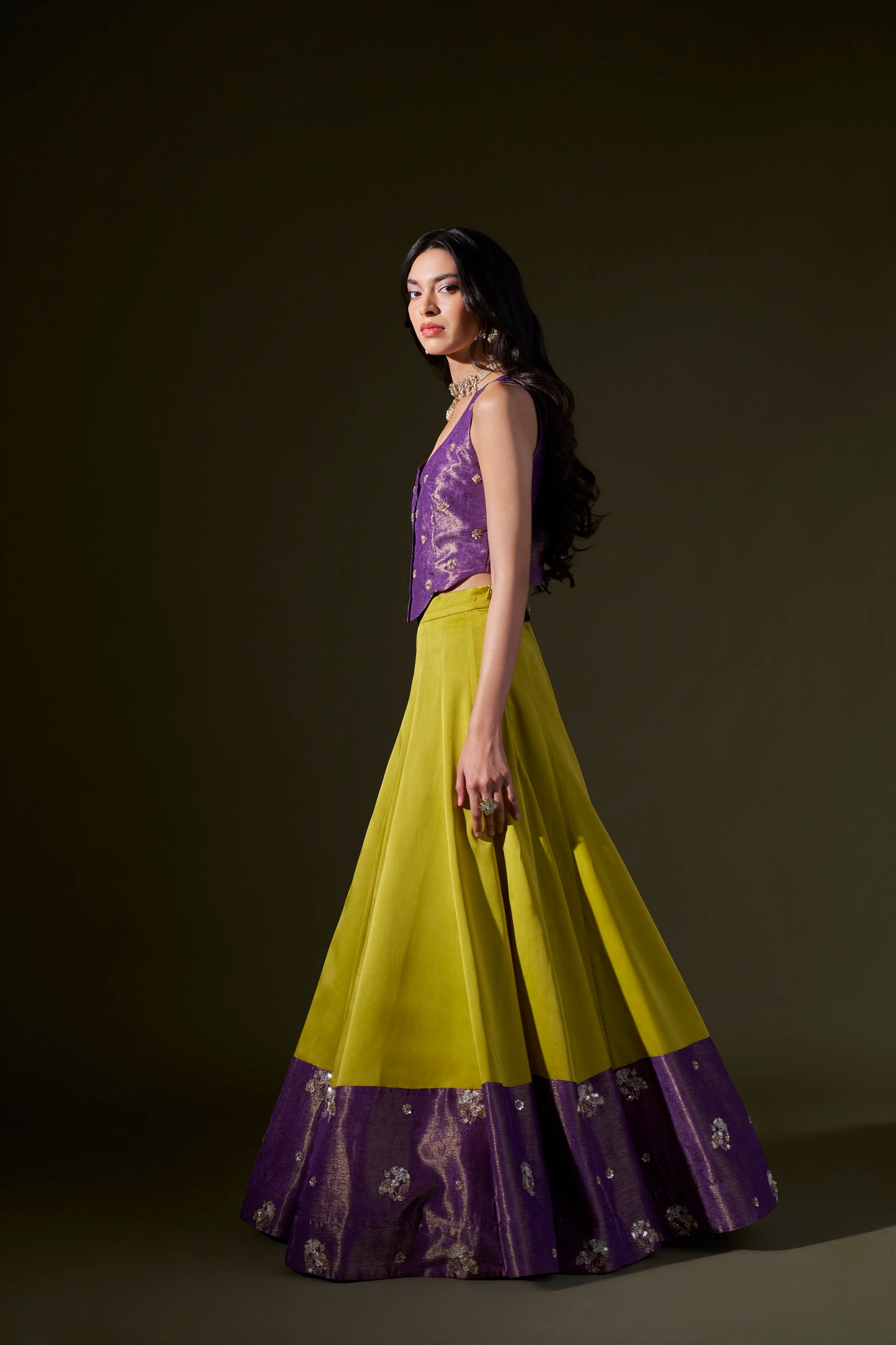 Purple And Lime Green Lehenga With Crop Top
