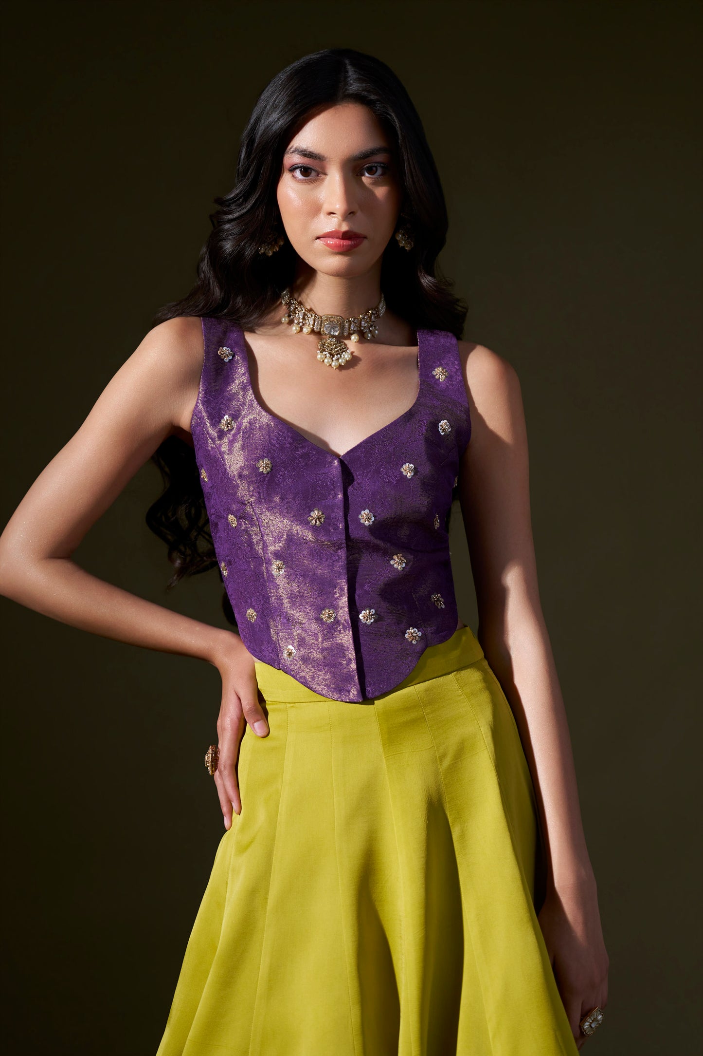 Purple And Lime Green Lehenga With Crop Top
