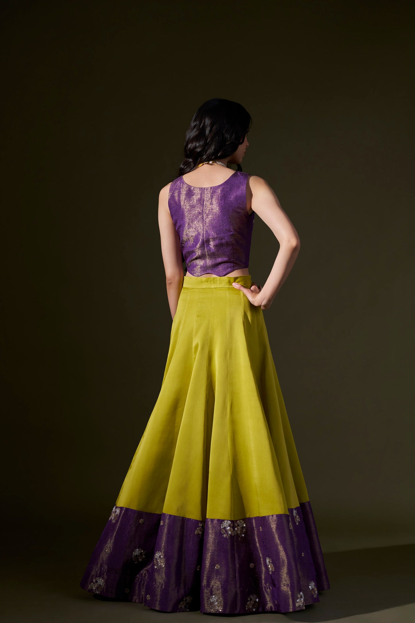 Purple And Lime Green Lehenga With Crop Top