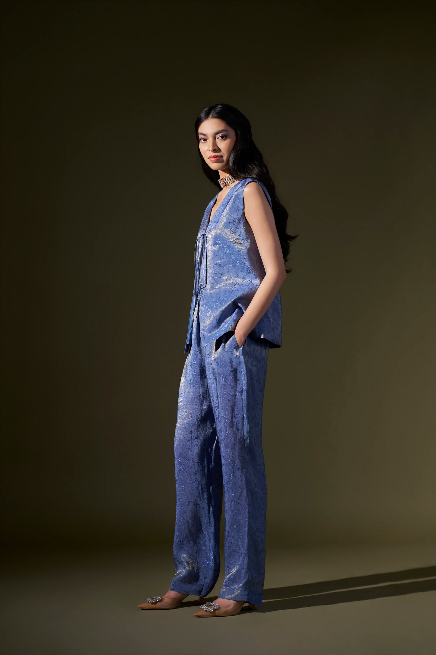 Blue Front Tie Top With Pant Set