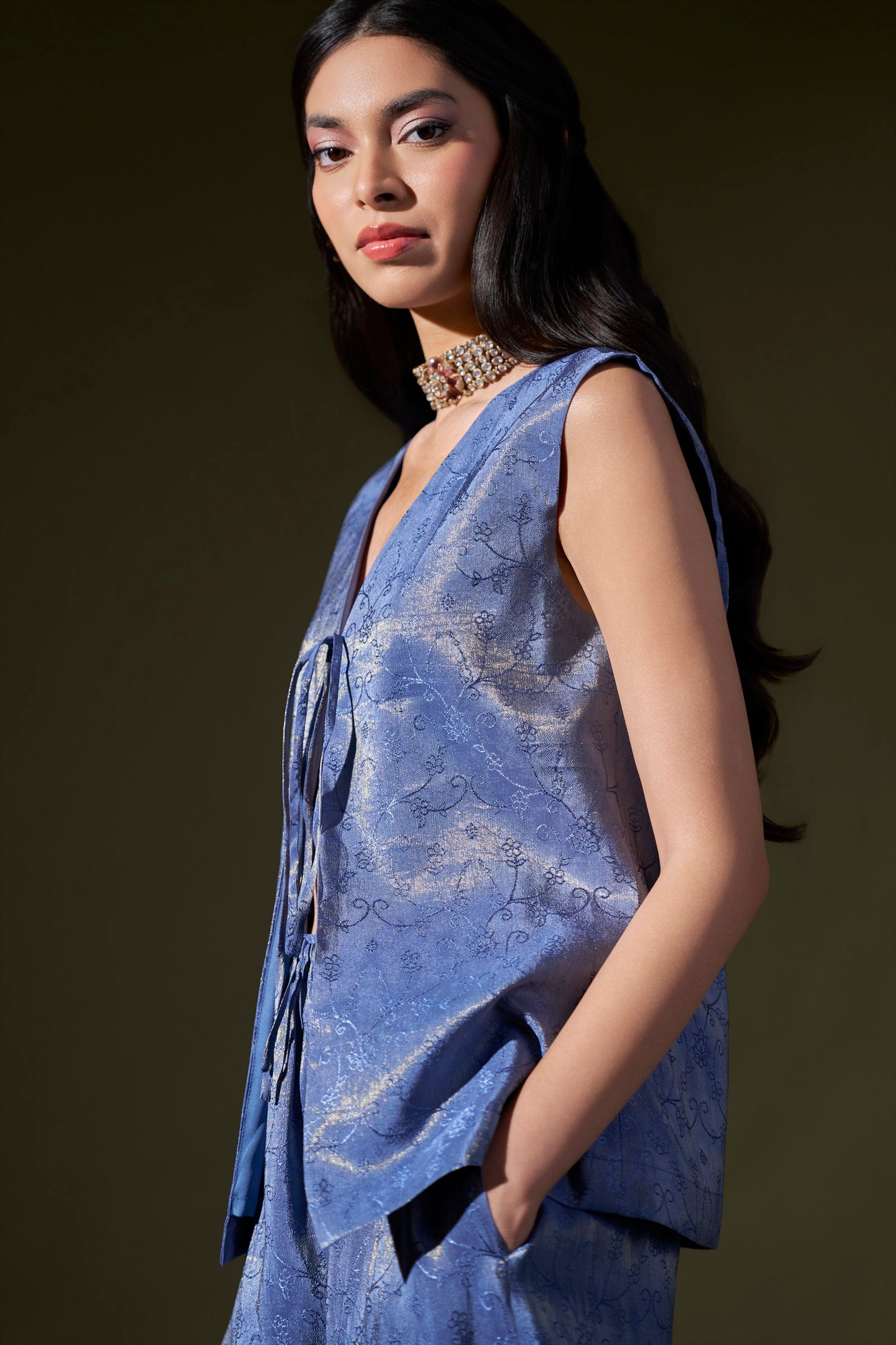 Blue Front Tie Top With Pant Set