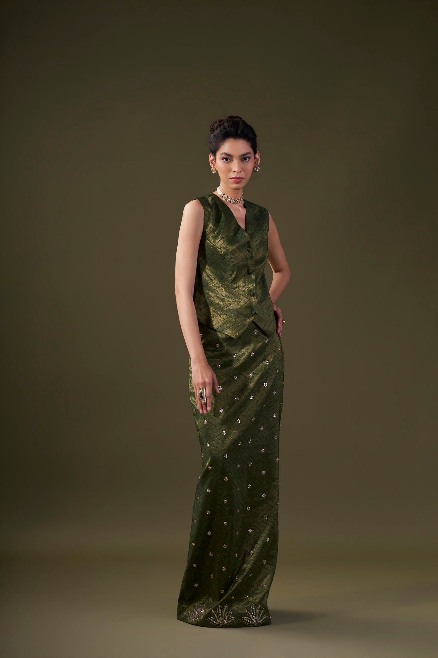 Olive Green Vest With Straight Skirt