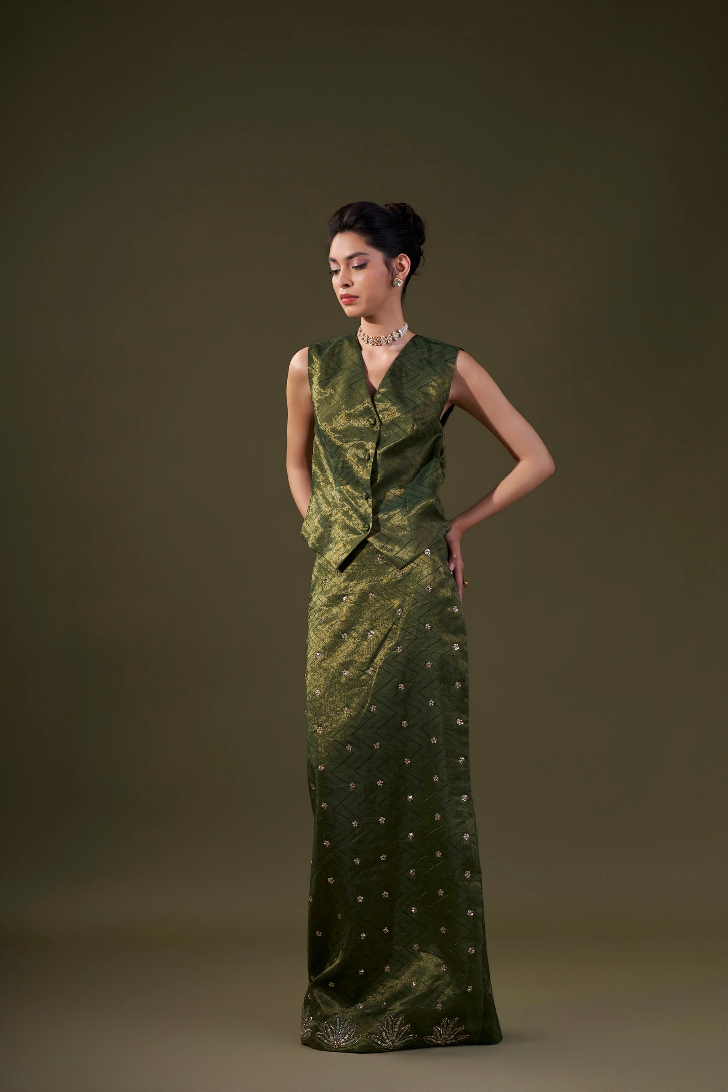 Olive Green Vest With Straight Skirt