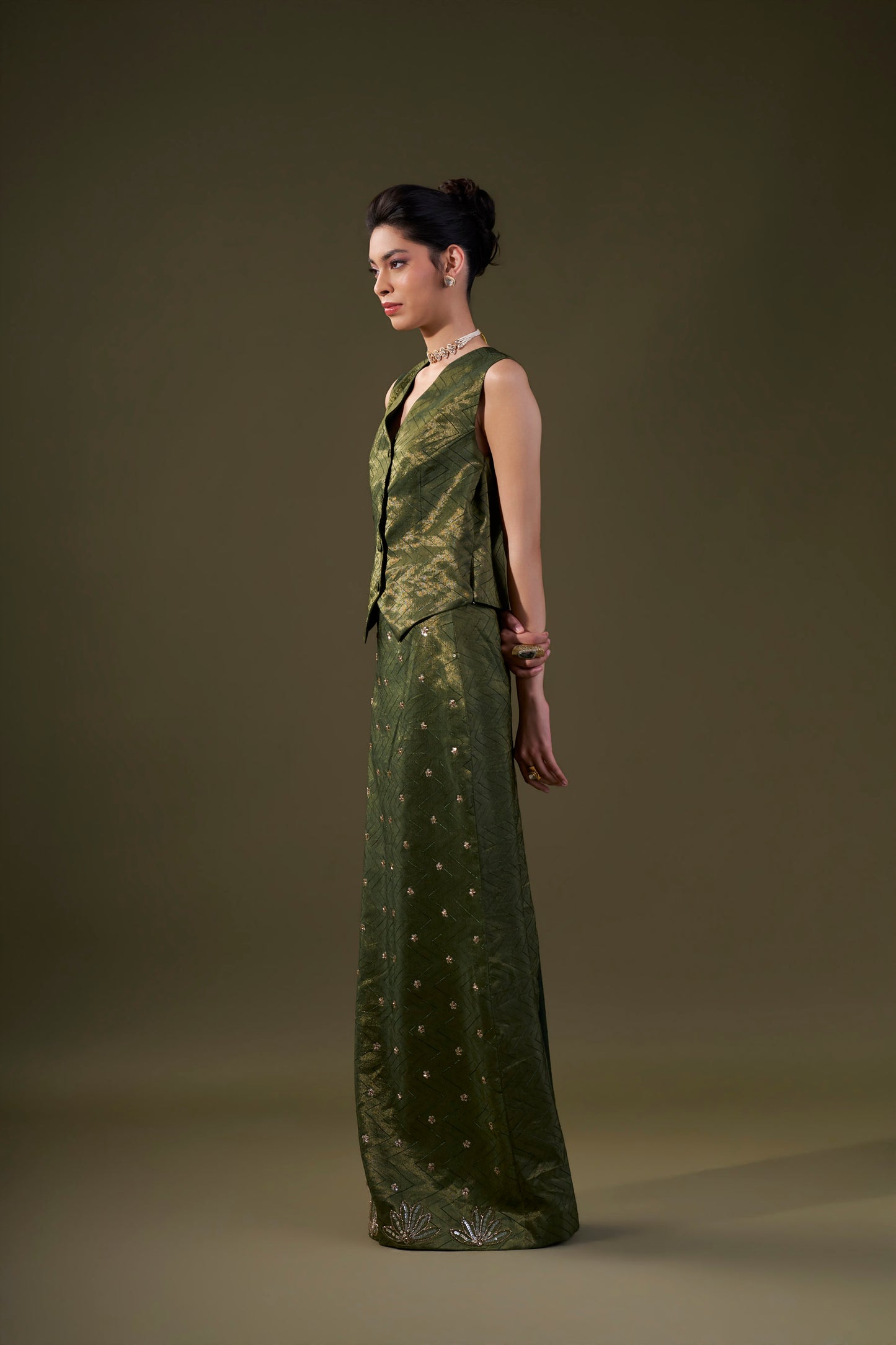 Olive Green Vest With Straight Skirt