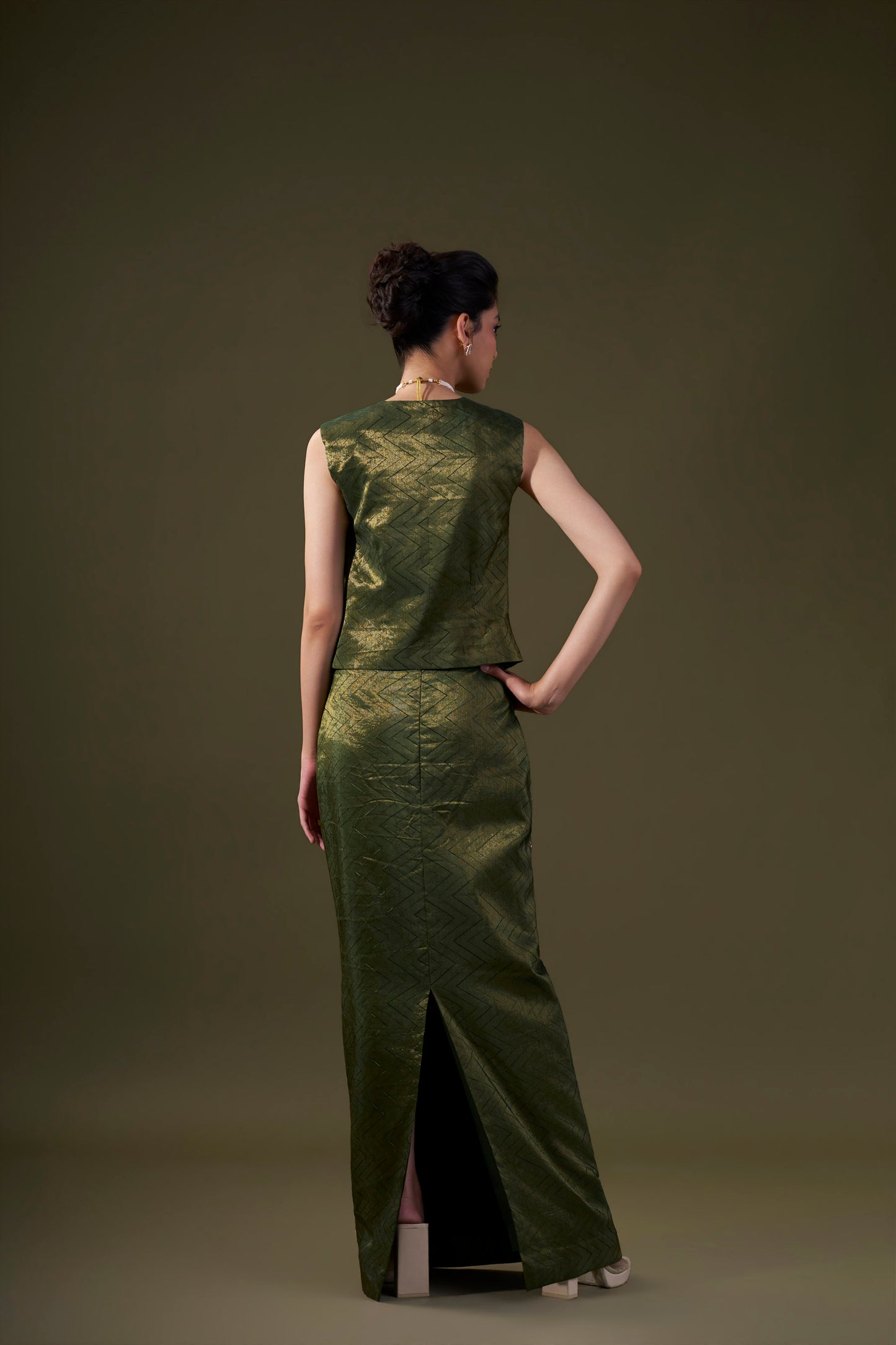 Olive Green Vest With Straight Skirt
