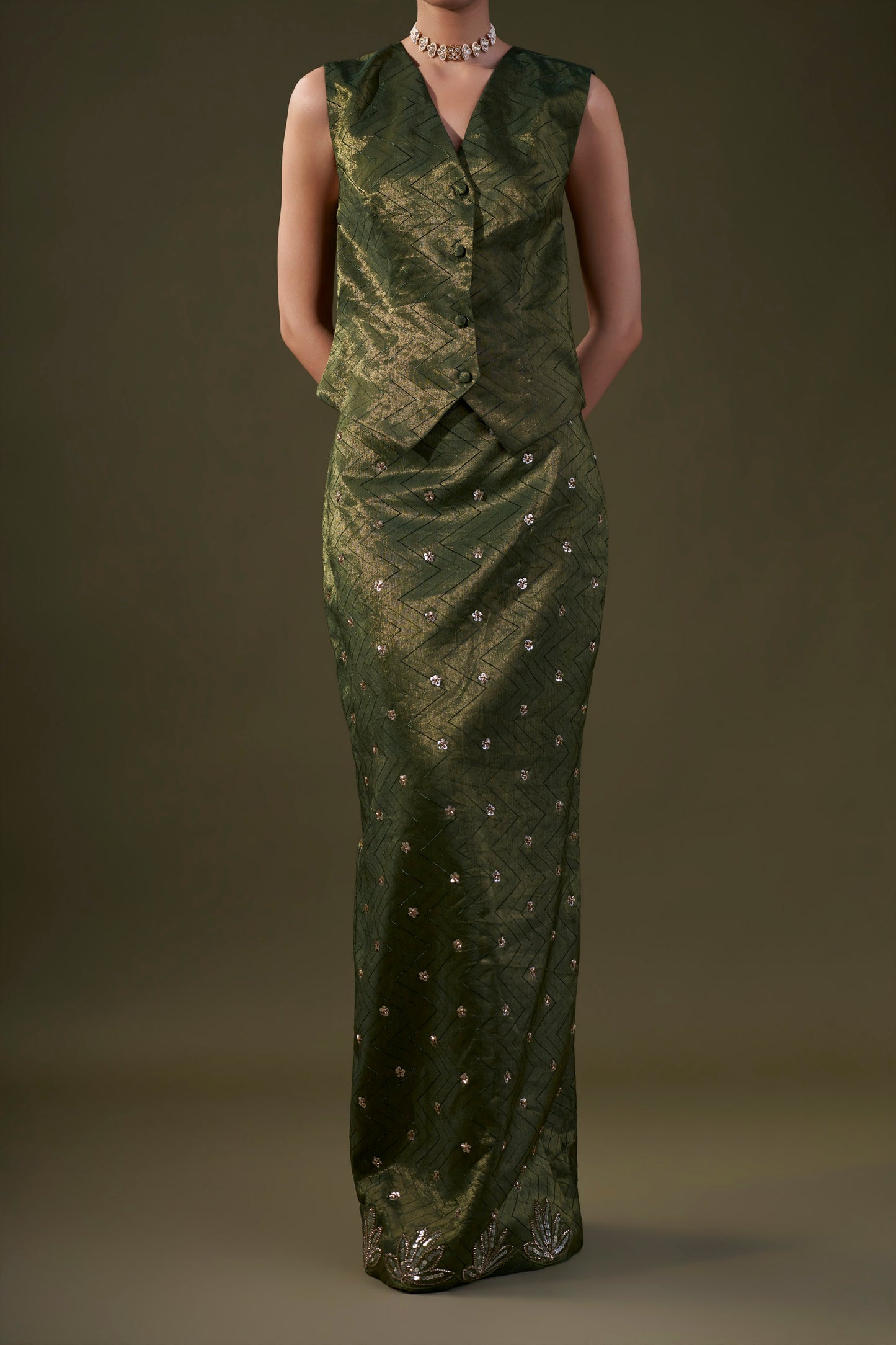 Olive Green Vest With Straight Skirt
