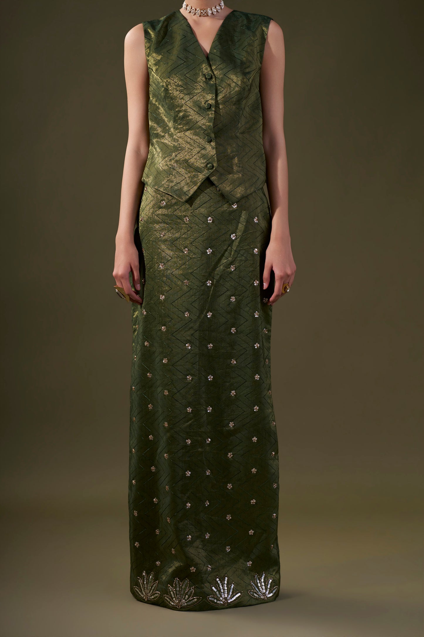 Olive Green Vest With Straight Skirt