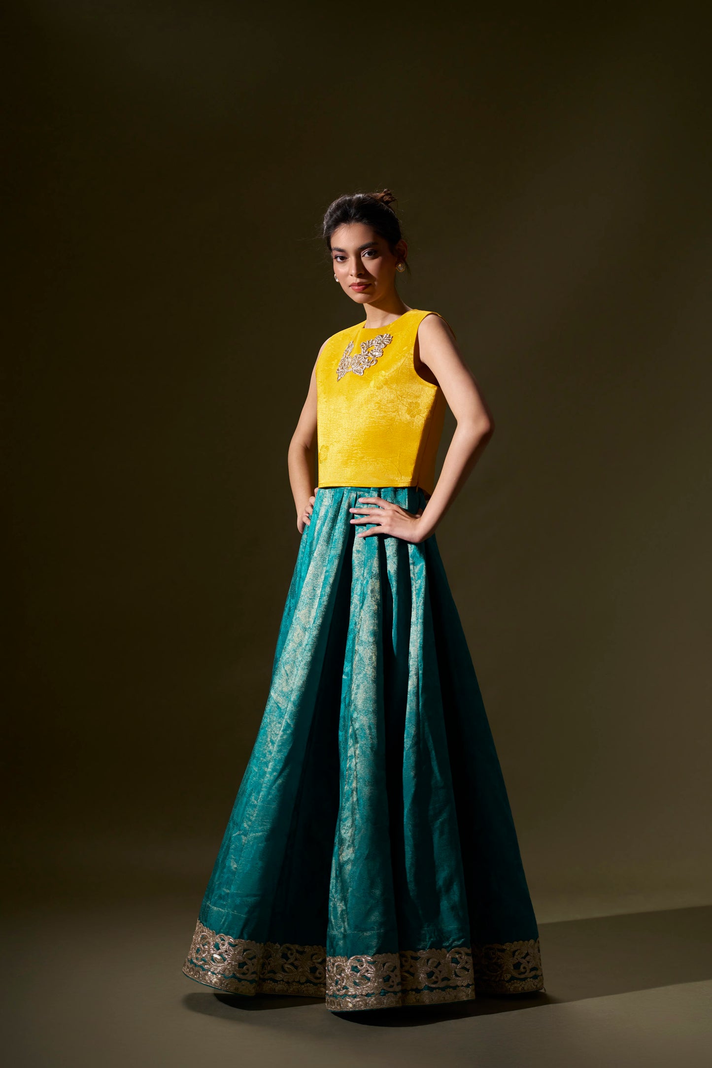 Yellow Top With Teal Blue Skirt