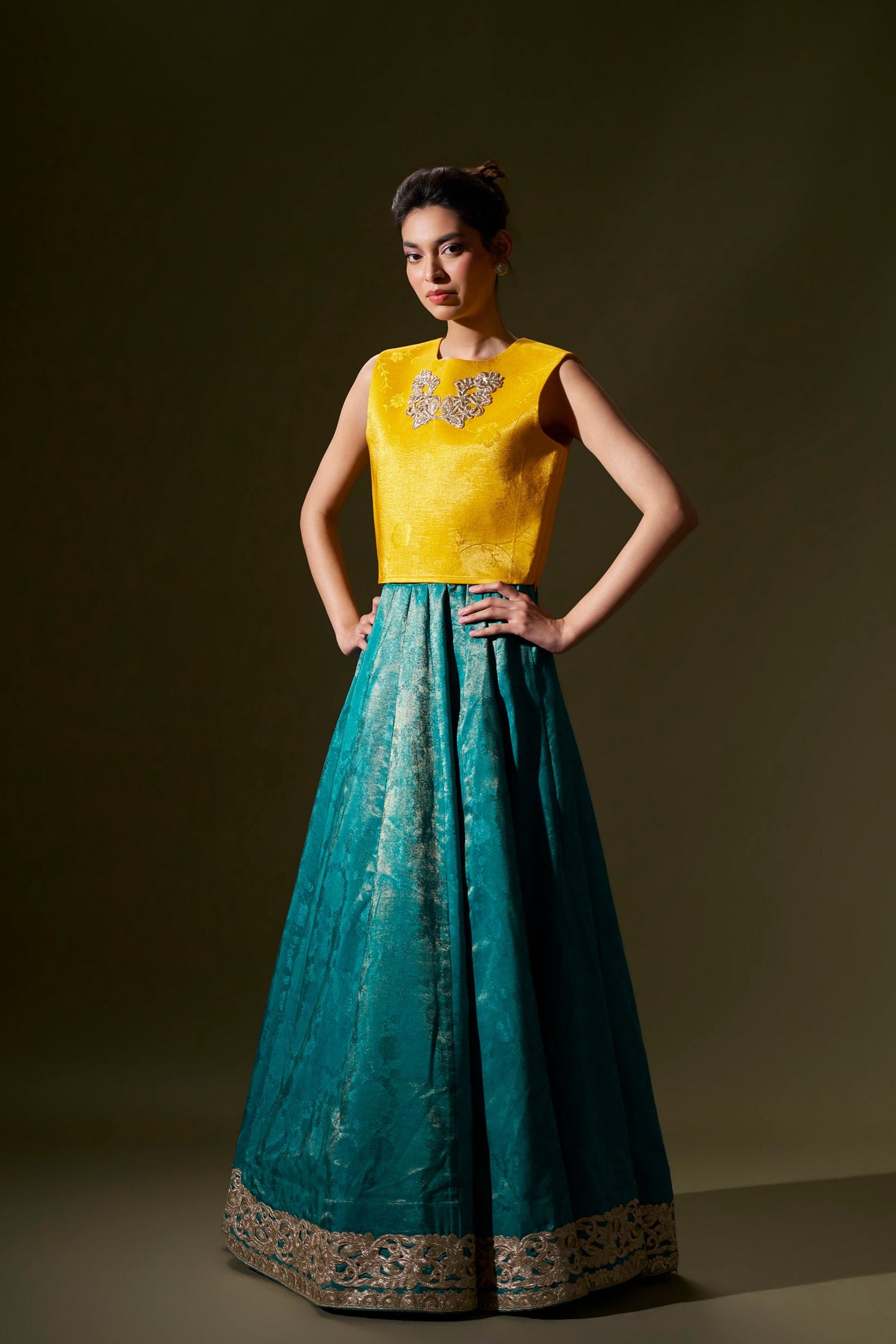 Yellow Top With Teal Blue Skirt