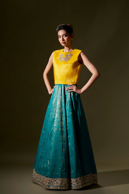 Yellow Top With Teal Blue Skirt