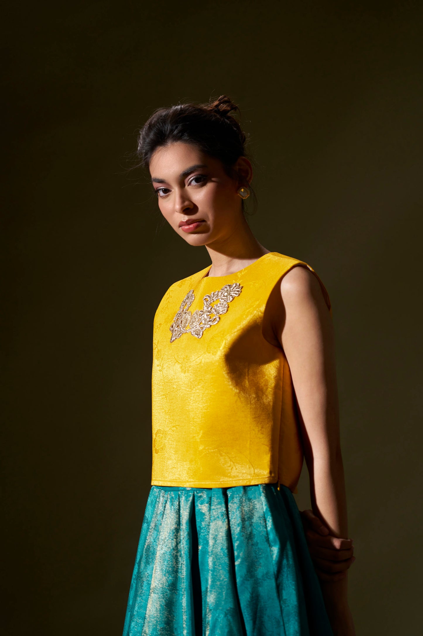 Yellow Top With Teal Blue Skirt