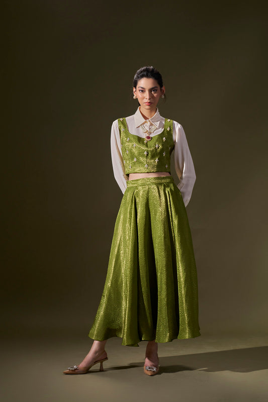 Parrot Green Crop Top With Skirt