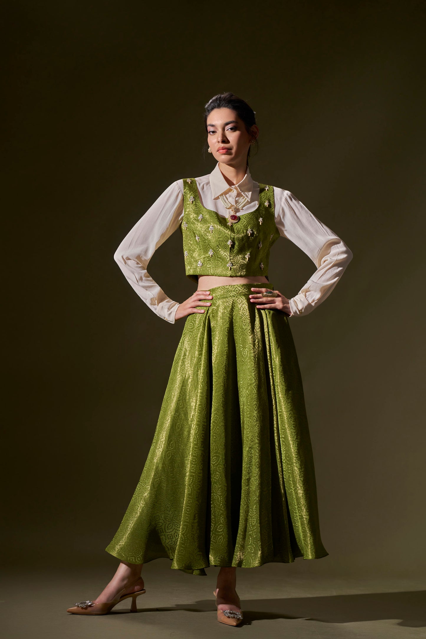 Parrot Green Crop Top With Skirt