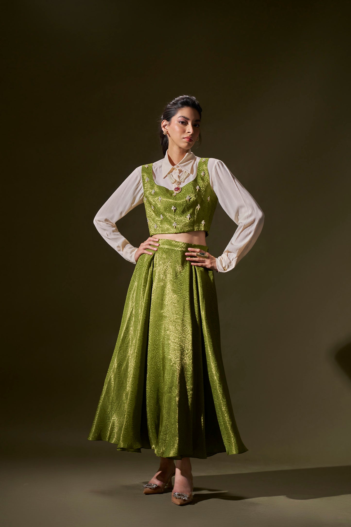 Parrot Green Crop Top With Skirt