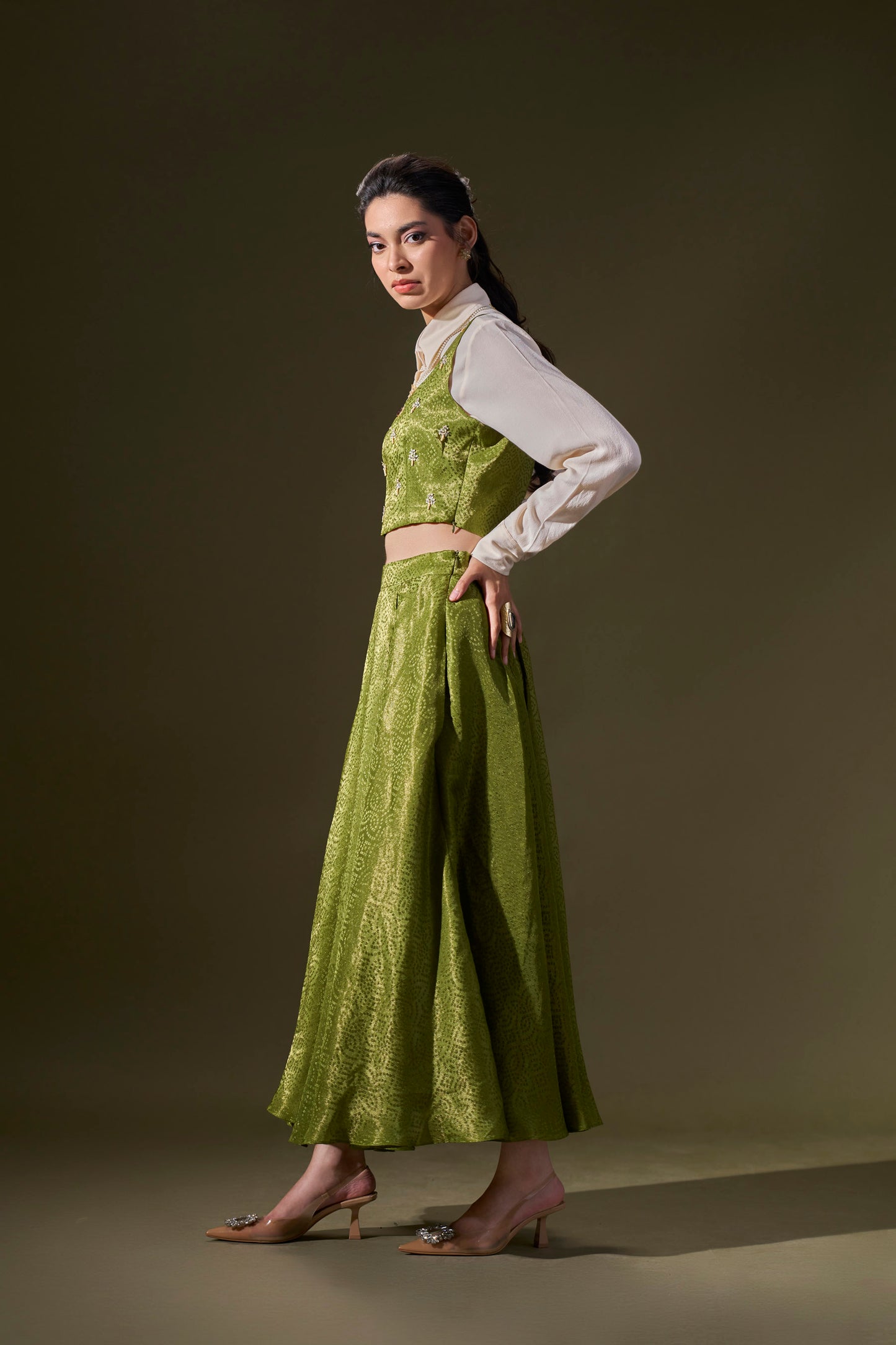 Parrot Green Crop Top With Skirt