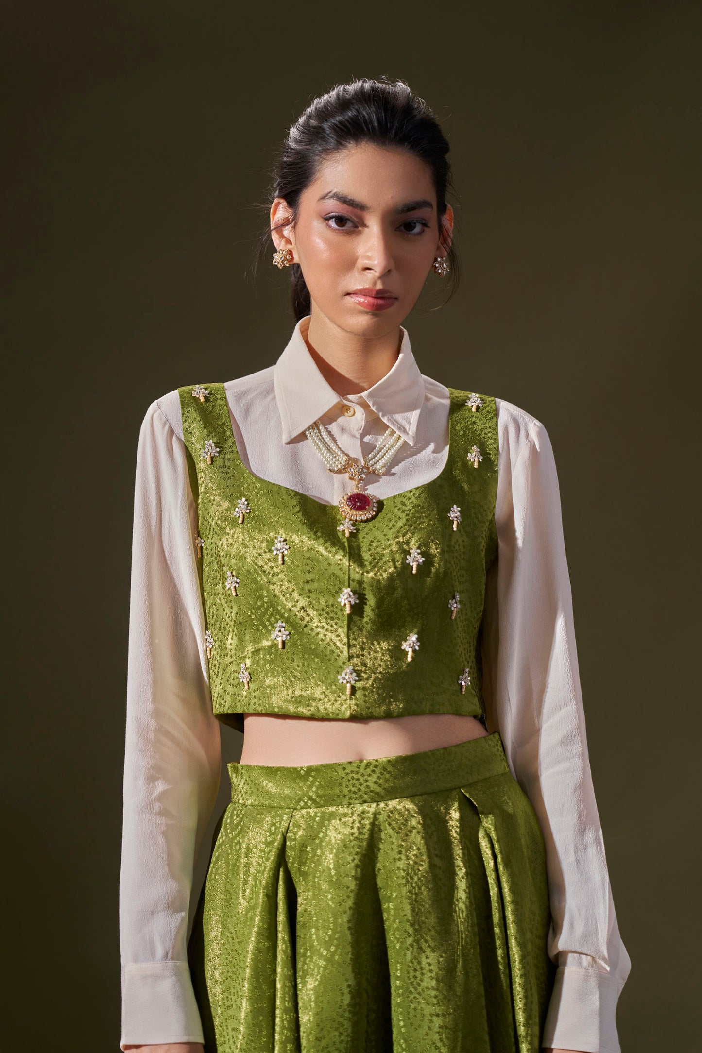 Parrot Green Crop Top With Skirt