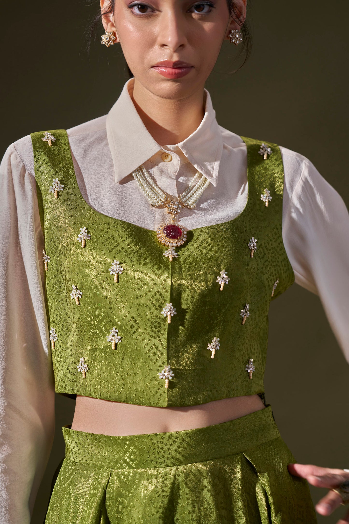 Parrot Green Crop Top With Skirt