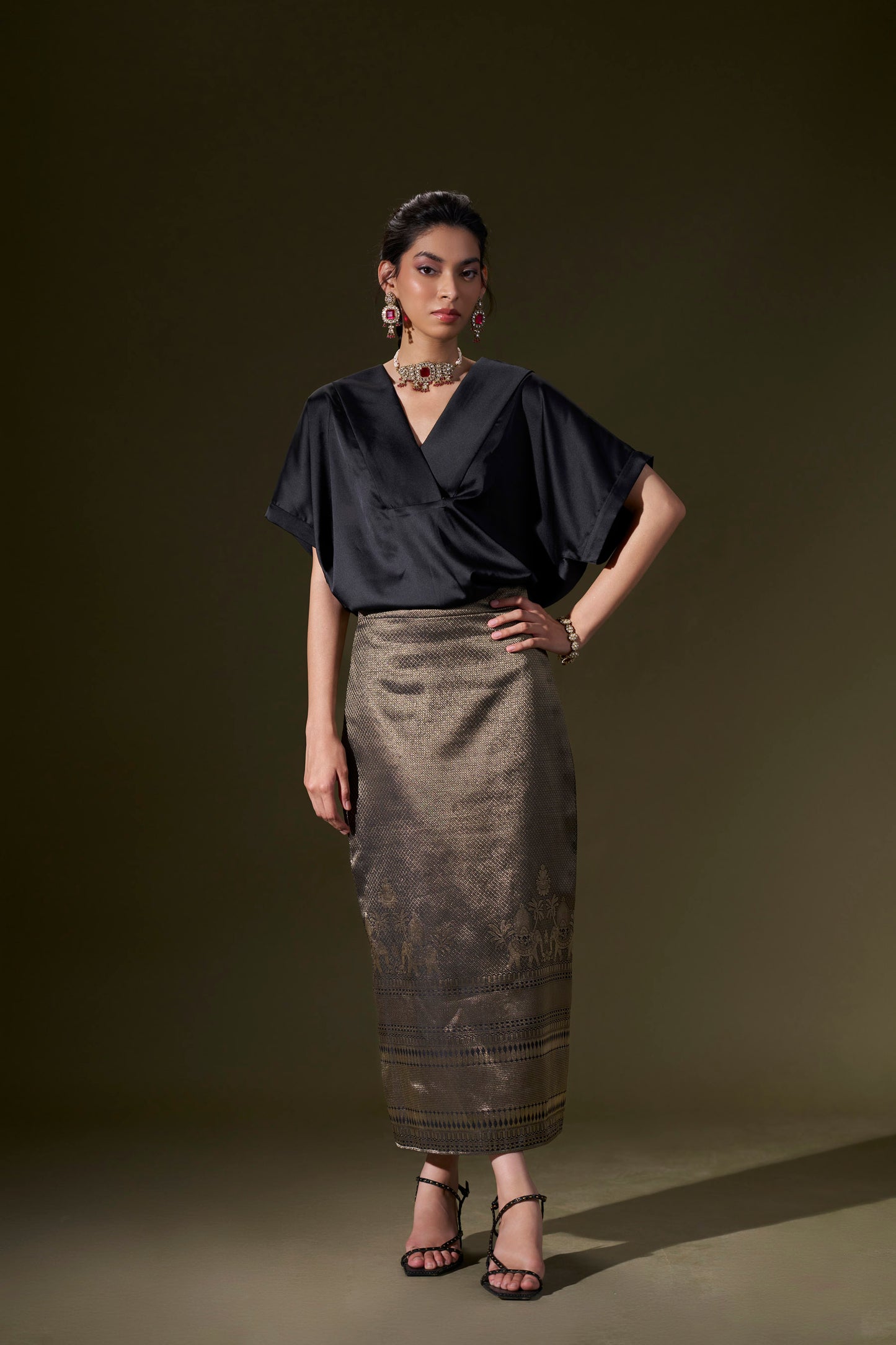 Black Satin Top With Straight Skirt