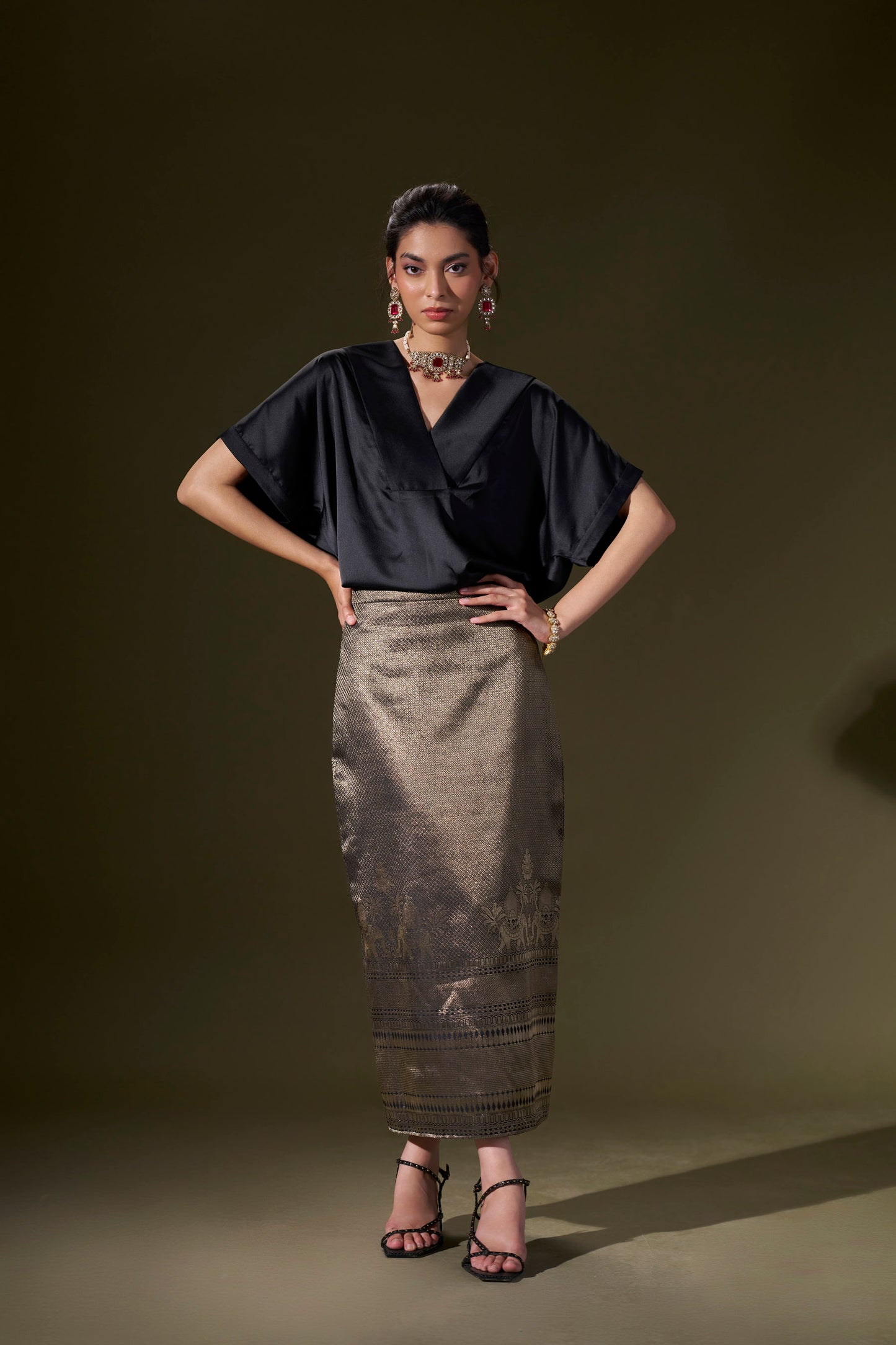 Black Satin Top With Straight Skirt