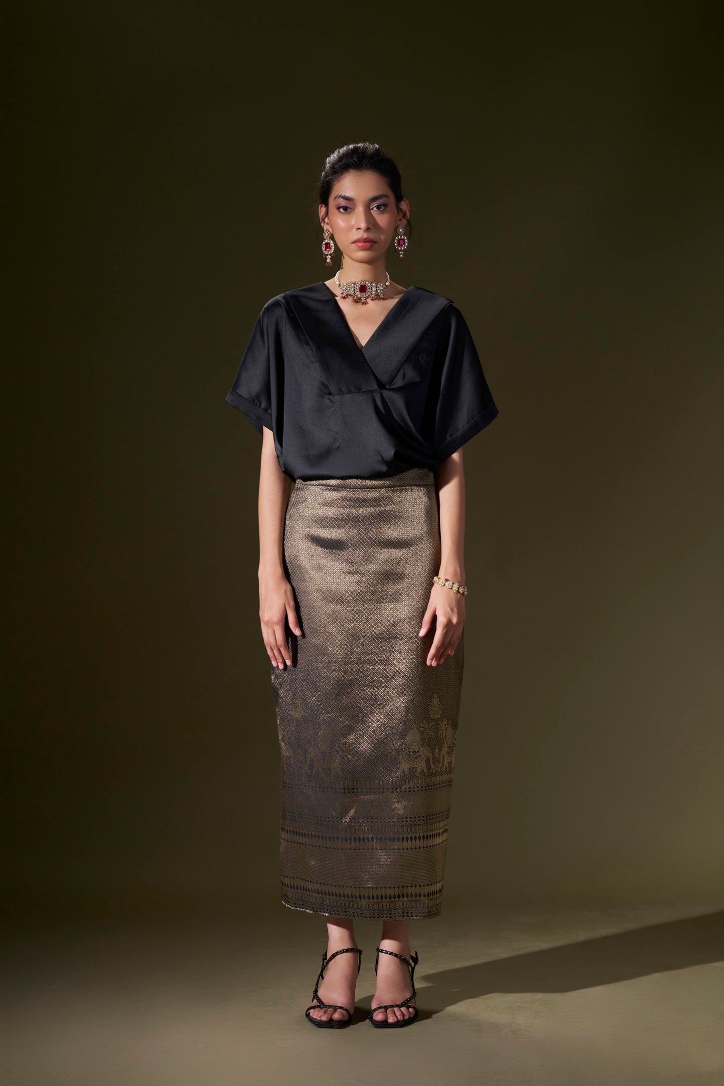 Black Satin Top With Straight Skirt