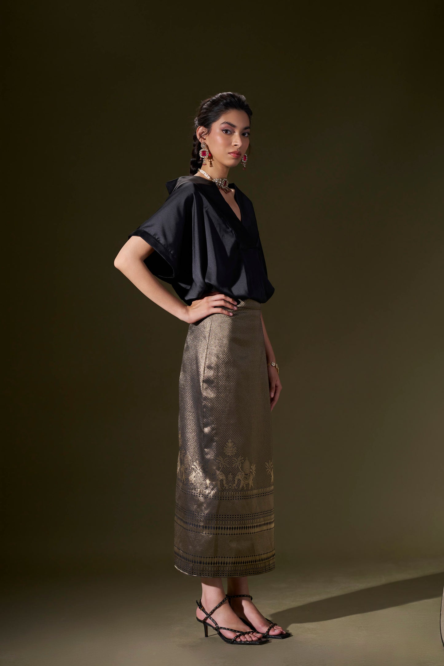 Black Satin Top With Straight Skirt