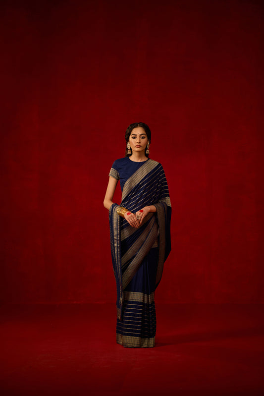 Navy Blue Viscose Saree with Gold Zari Stripes