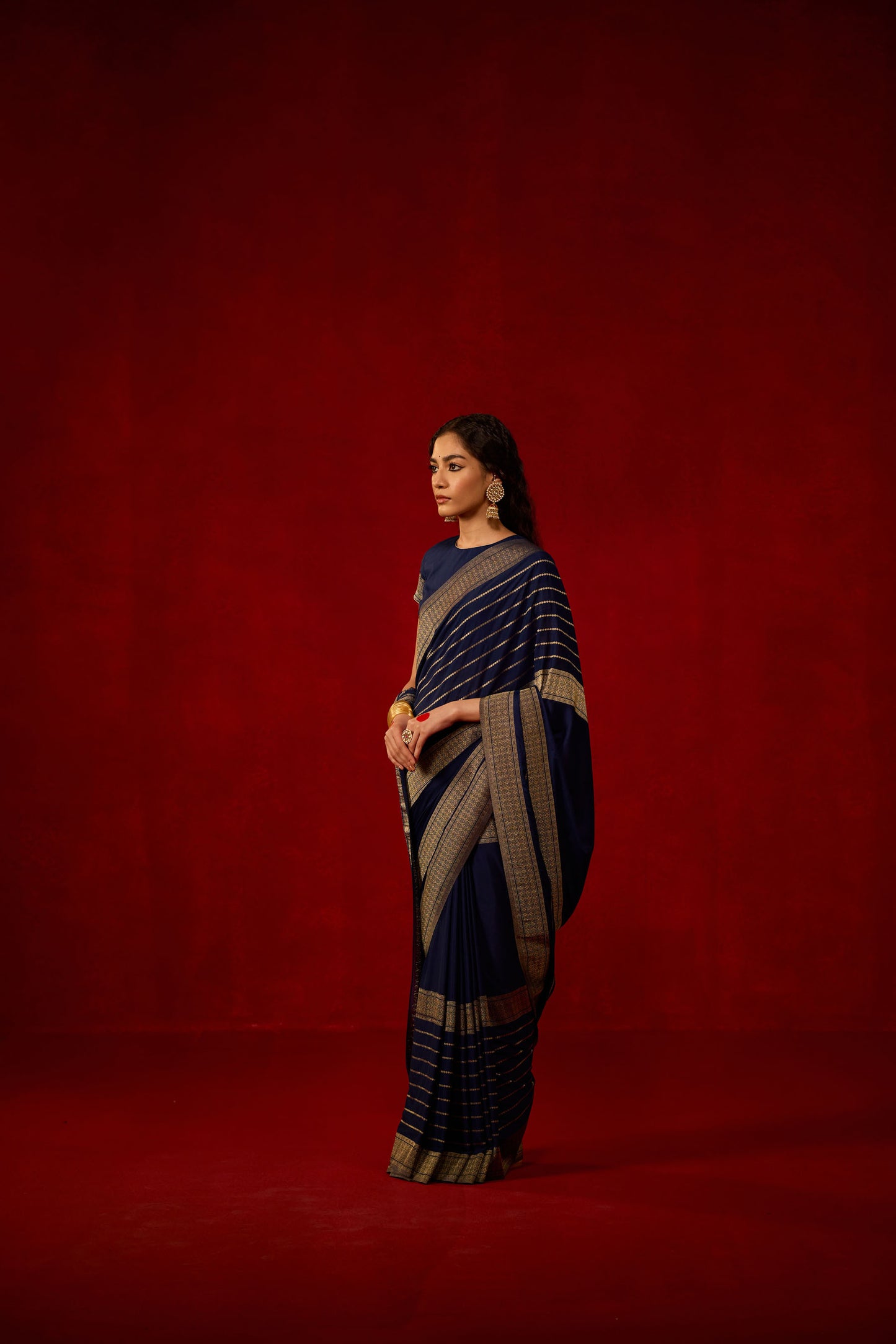 Navy Blue Viscose Saree with Gold Zari Stripes
