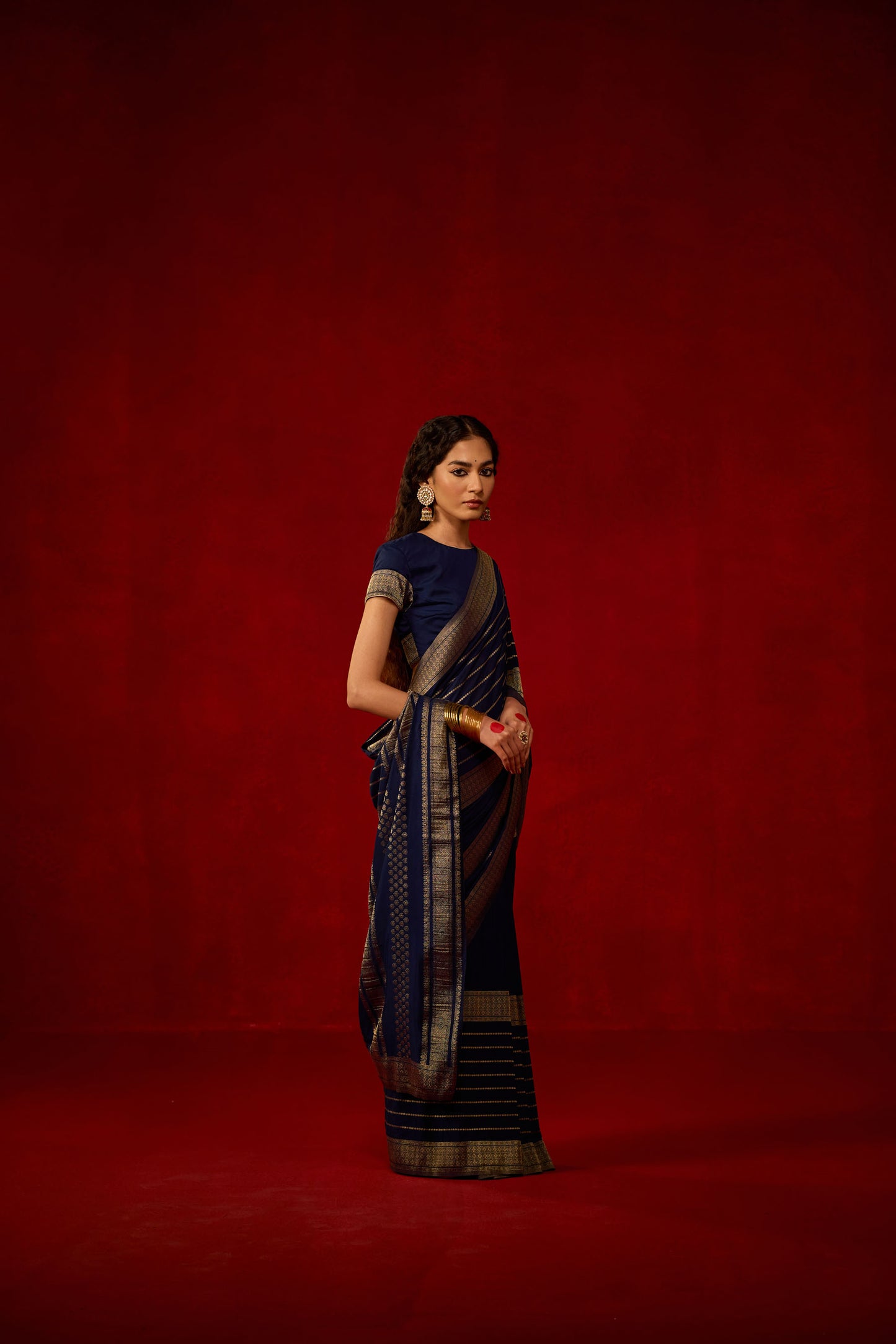 Navy Blue Viscose Saree with Gold Zari Stripes