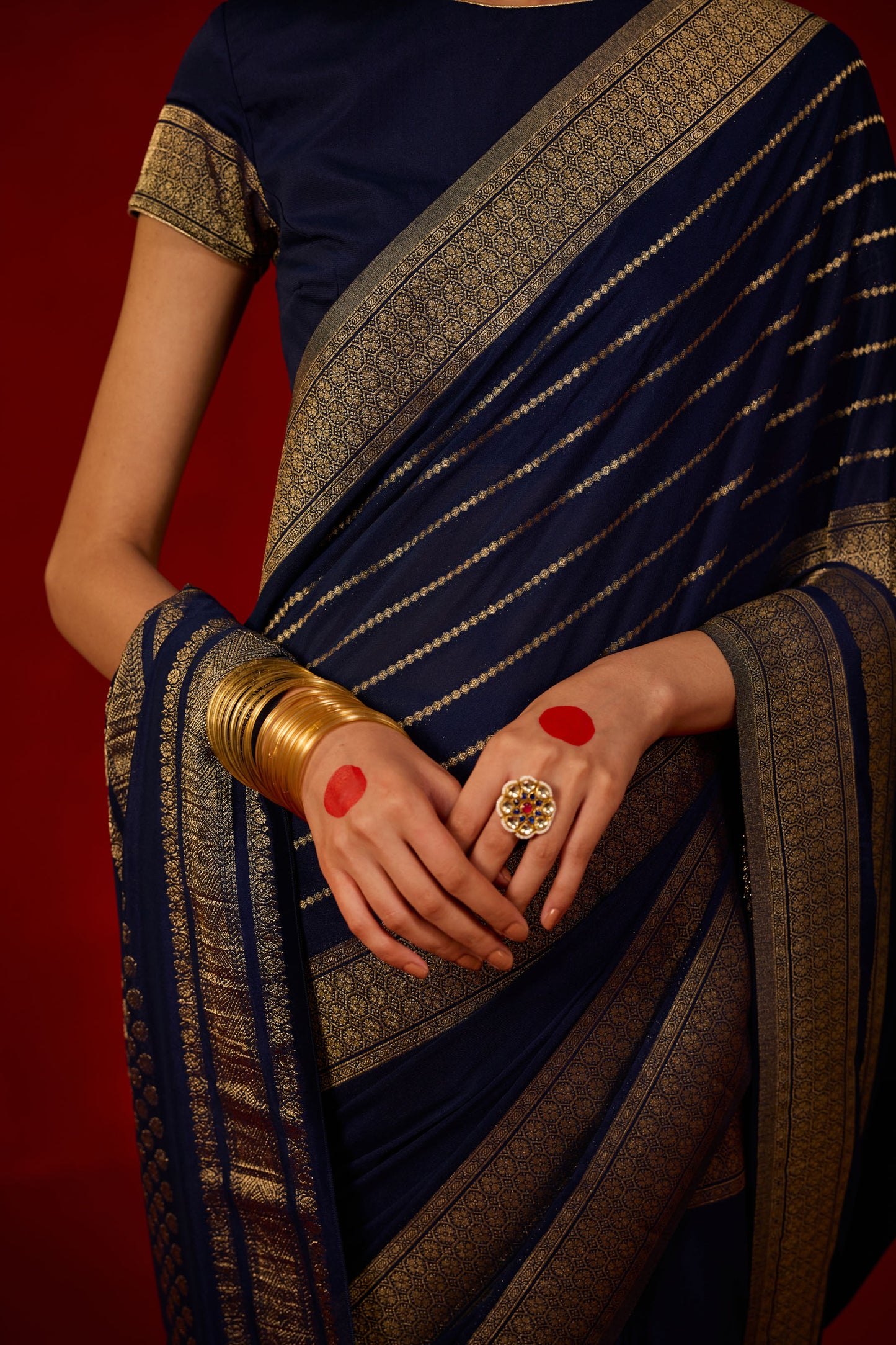 Navy Blue Viscose Saree with Gold Zari Stripes