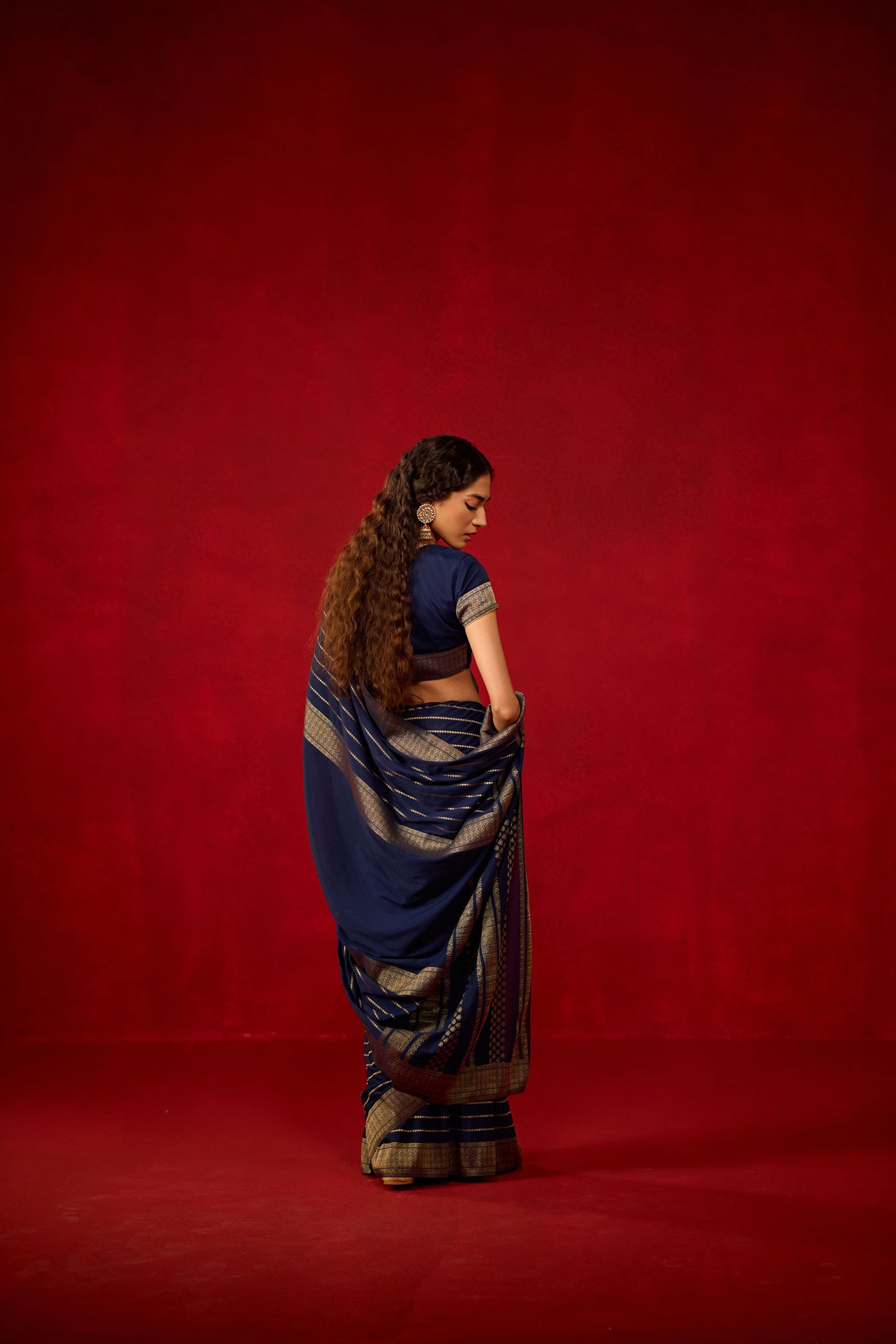 Navy Blue Viscose Saree with Gold Zari Stripes