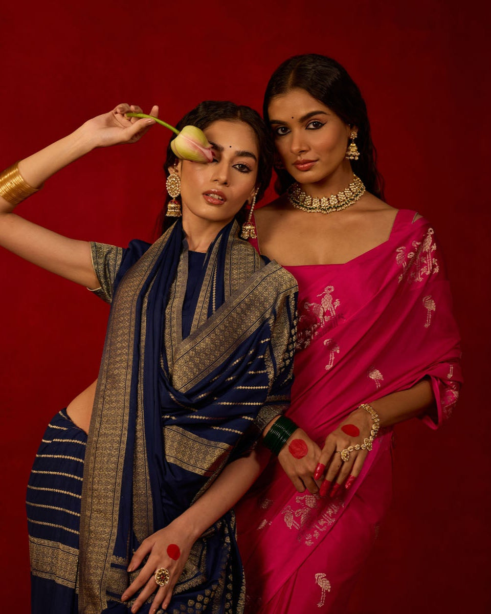 Navy Blue Viscose Saree with Gold Zari Stripes