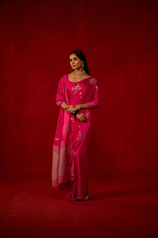 Hot Pink Saree with Satin Border and Golden Bird Motifs