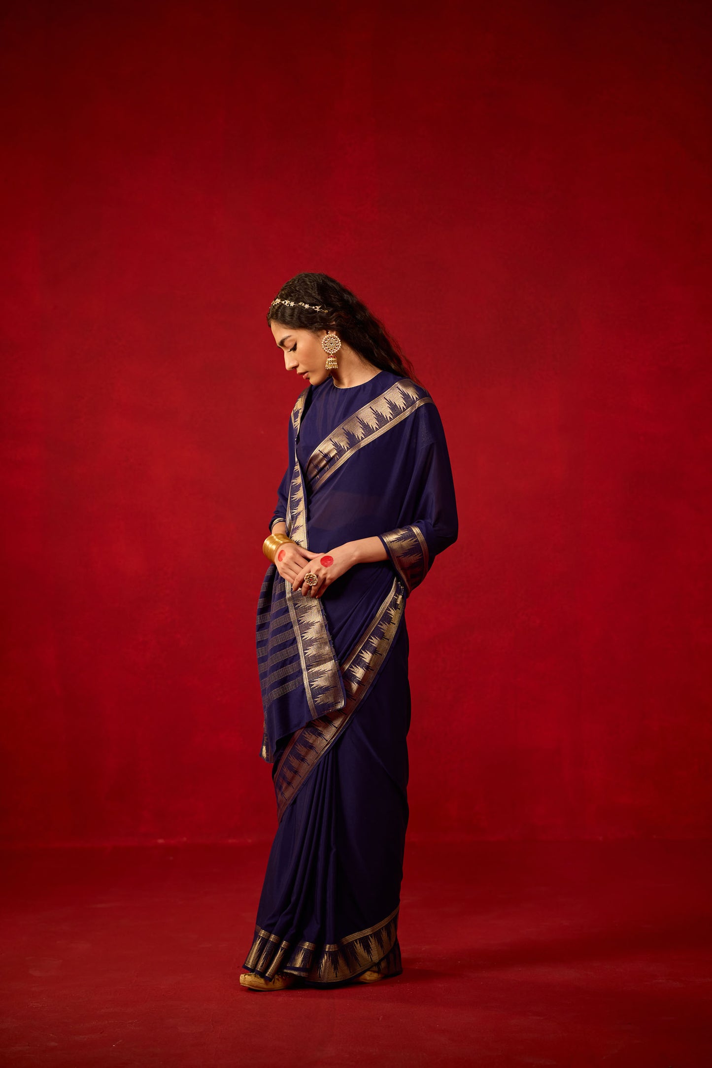 Royal Blue Viscose Saree with Geometric Zari Border