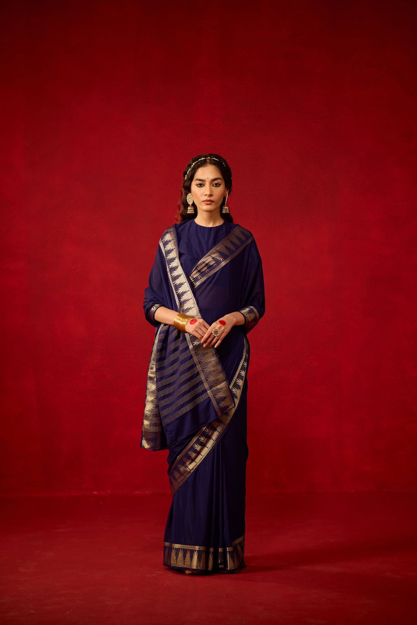 Royal Blue Viscose Saree with Geometric Zari Border