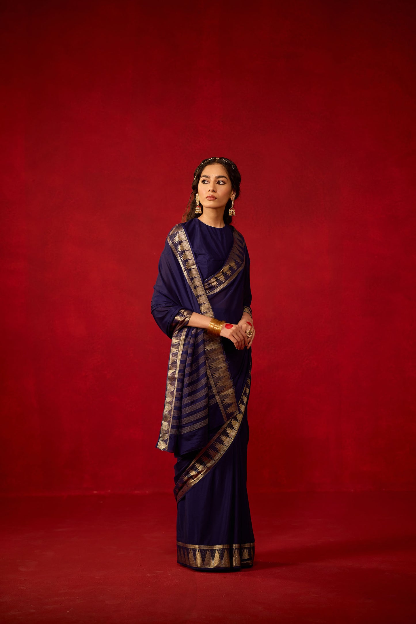 Royal Blue Viscose Saree with Geometric Zari Border
